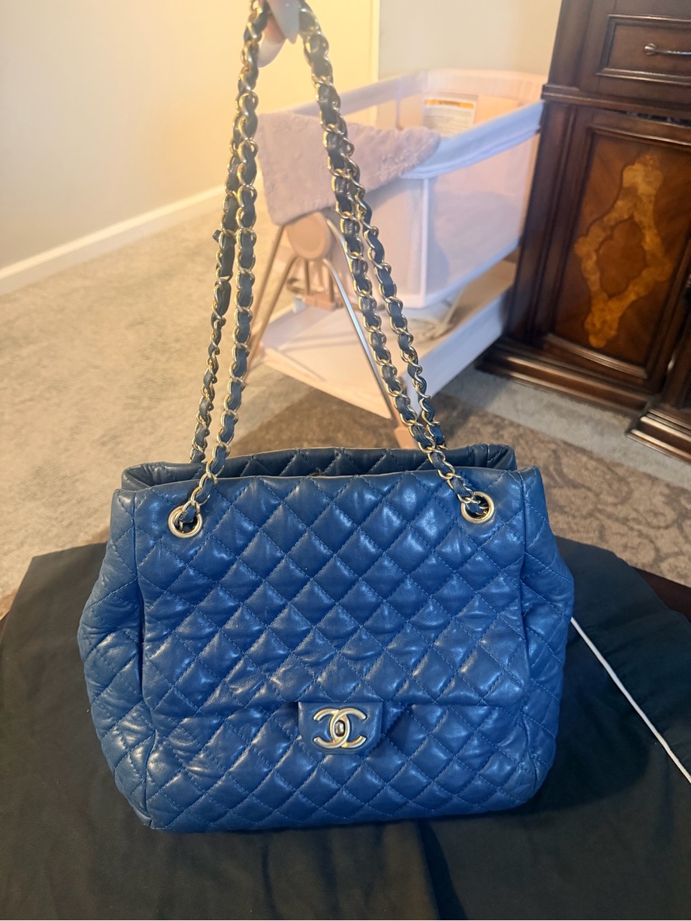 CHANEL Quilted Shoulder and Crossbody Bag in Navy Blue with Gold Hardware